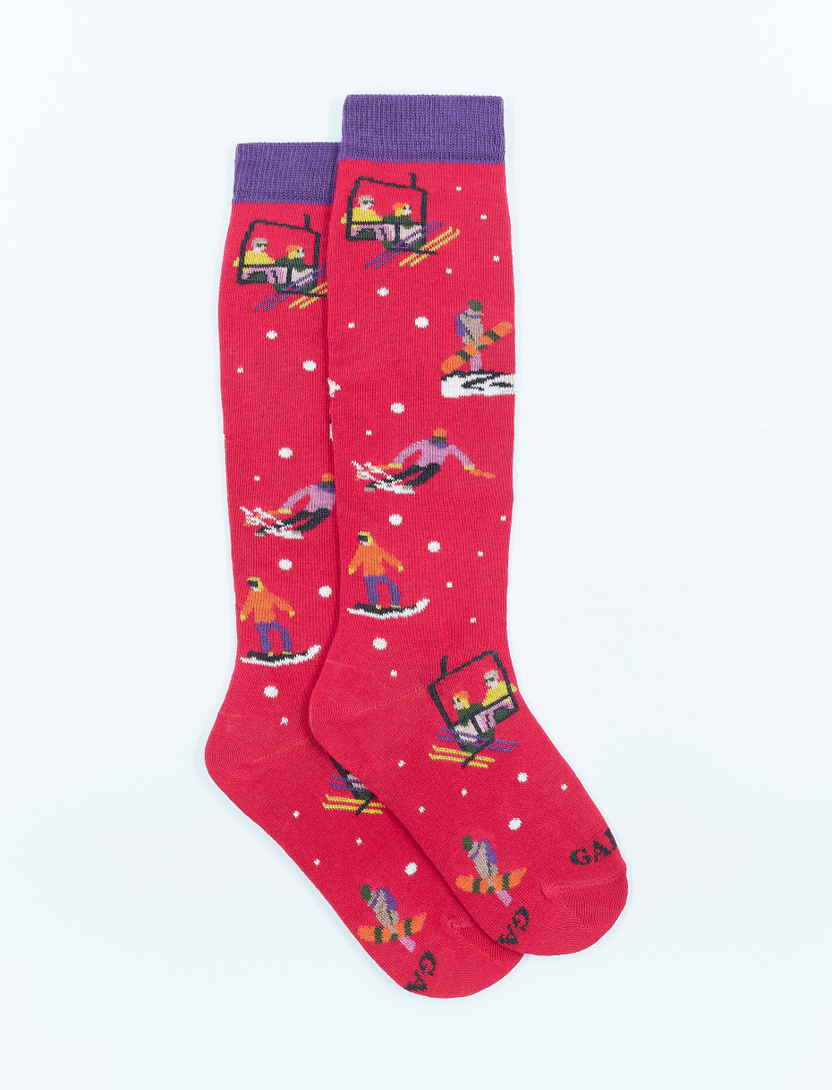 Kids' long carmine cotton socks with skier motif - Gallo 1927 - Official Online Shop
