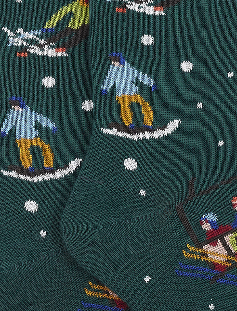 Kids' eucalyptus green long cotton socks with skier motif - Gallo 1927 - Official Online Shop