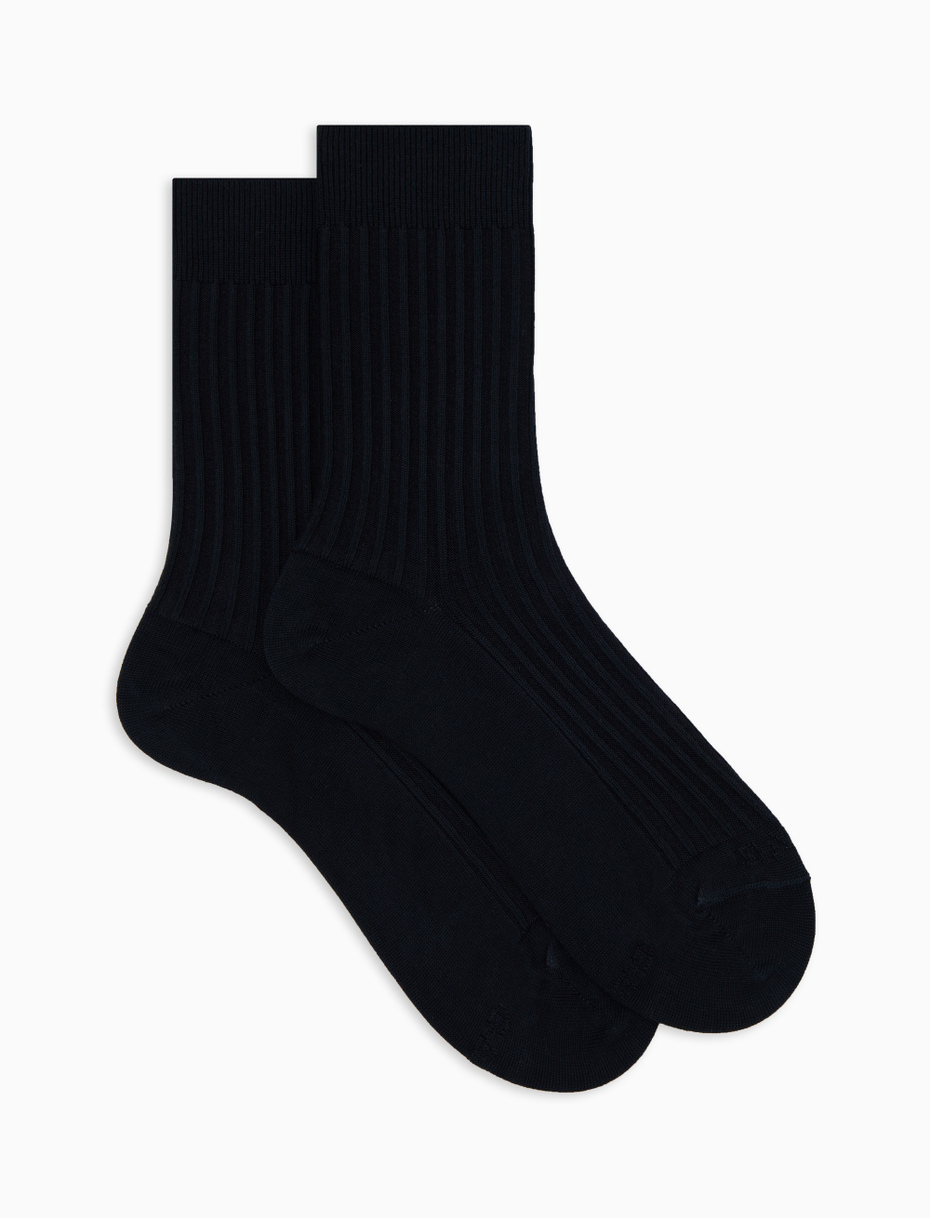 Unisex short plain blue ribbed cotton socks - Gallo 1927 - Official Online Shop