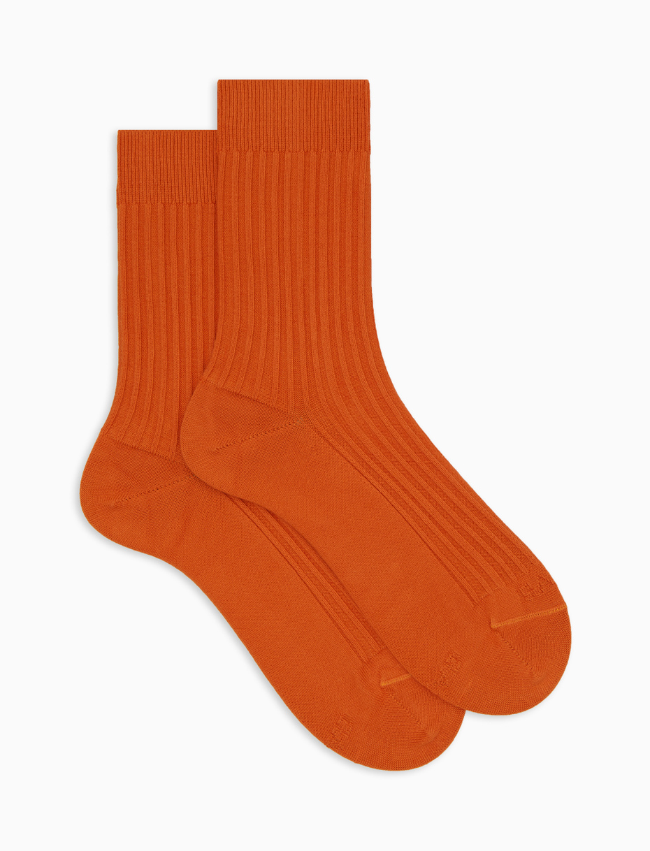 Unisex short plain orange twin-rib cotton socks with Gallo writing at the toe - Gallo 1927 - Official Online Shop