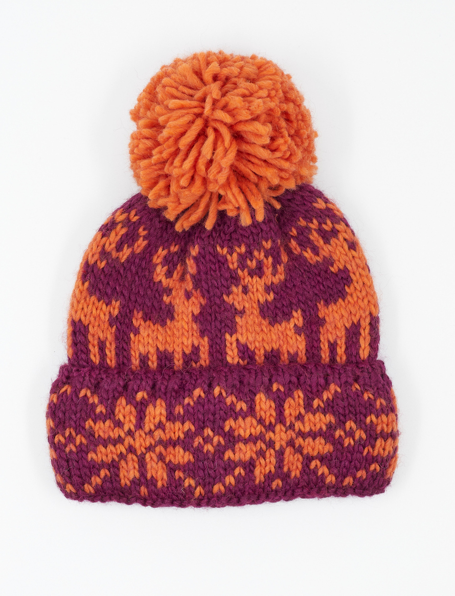 Kids' purple acrylic, wool and alpaca beanie with cuff and decorative Christmas motif - Gallo 1927 - Official Online Shop