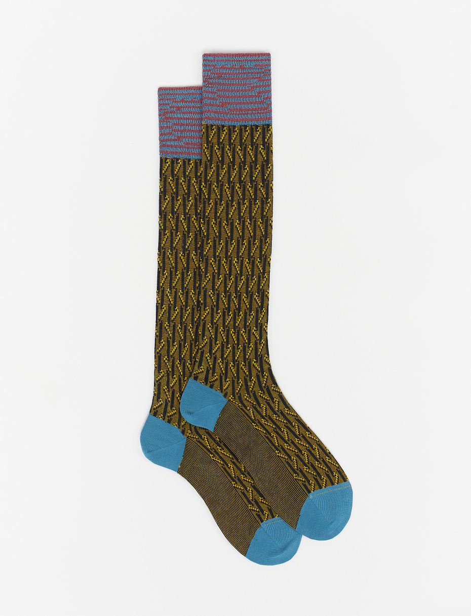Men's long ocean blue cotton socks with broken vertical stripes - Gallo 1927 - Official Online Shop