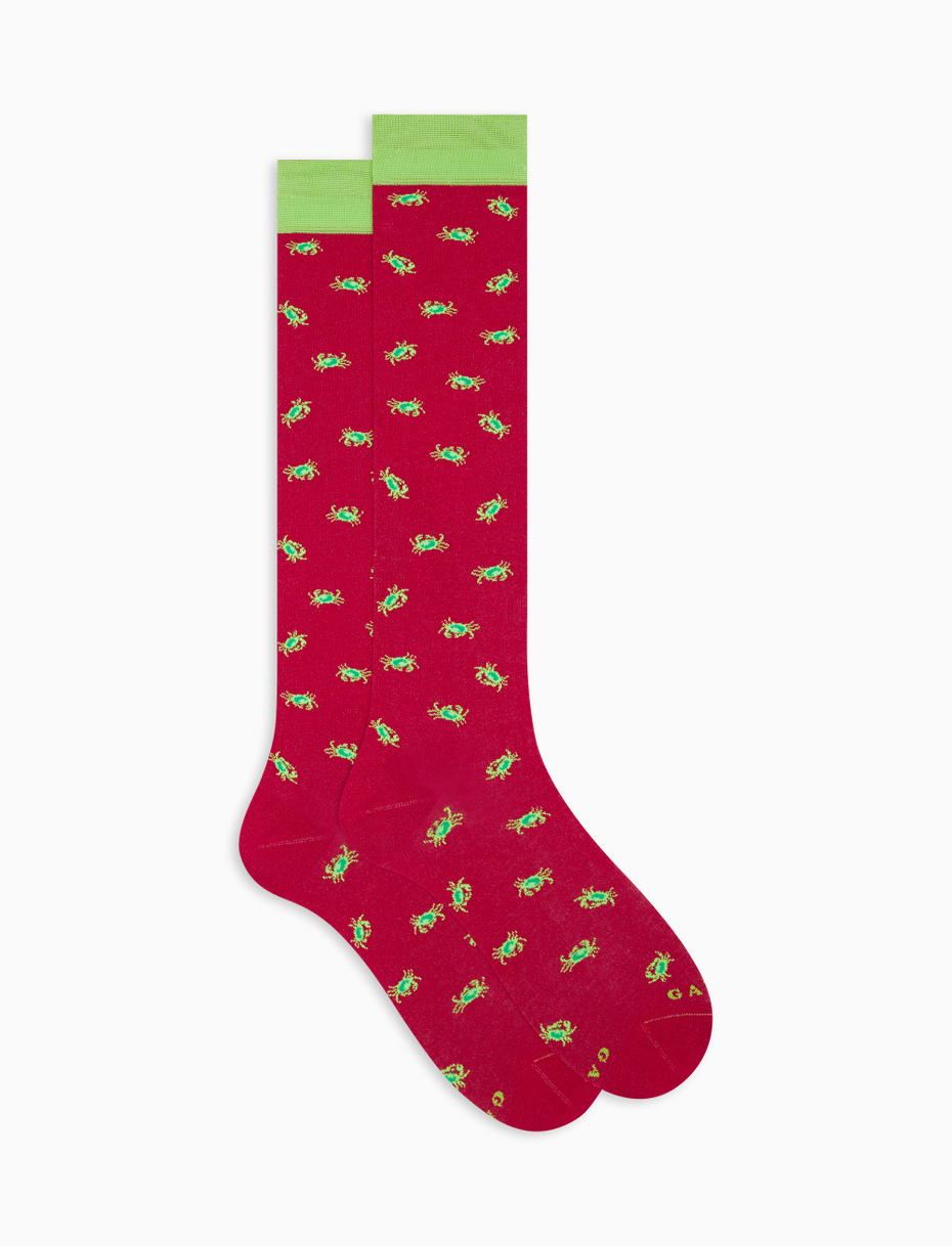 Women's long ruby red ultra-light cotton socks with crab motif - Gallo 1927 - Official Online Shop