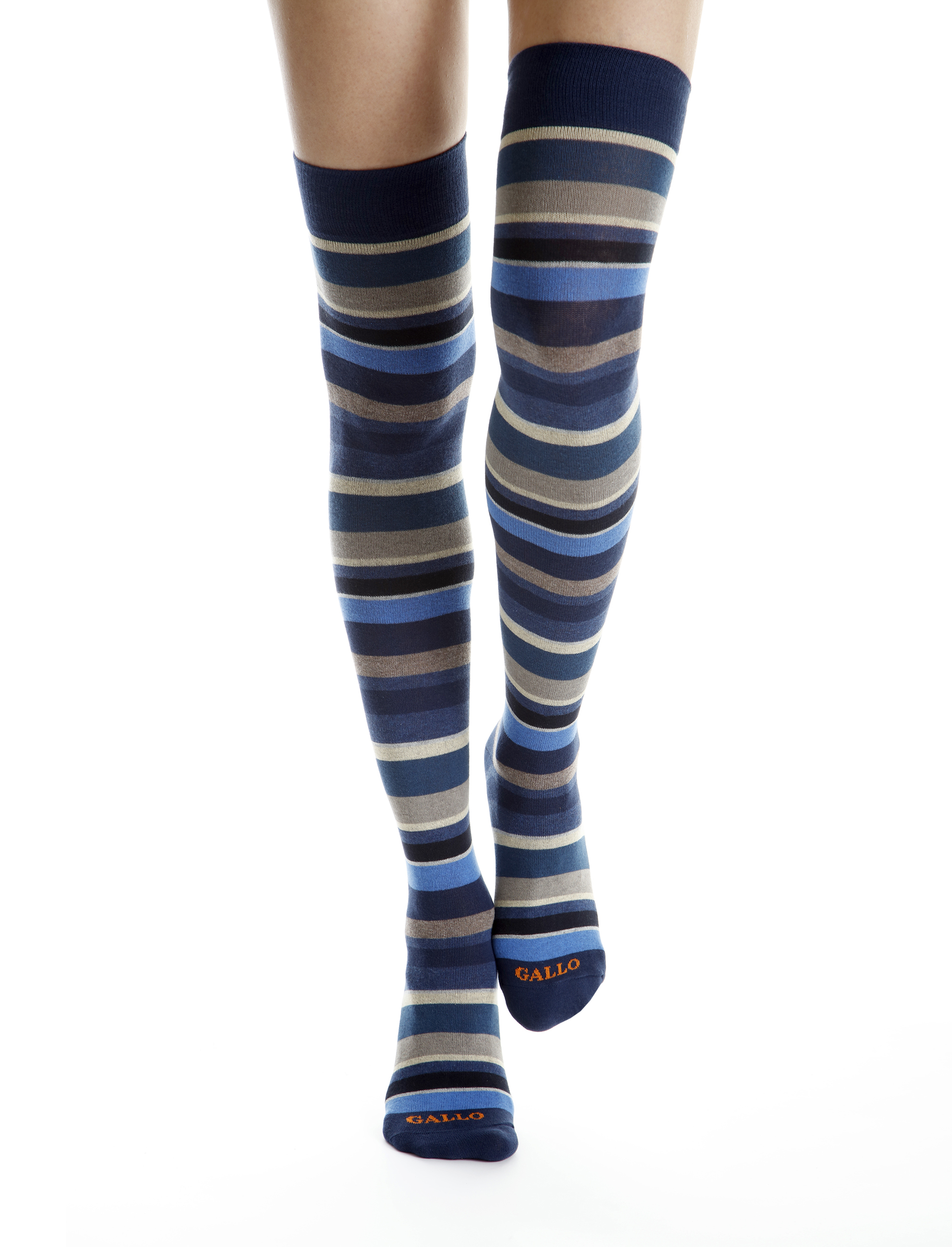 Women's blue thigh-high socks with multicoloured stripes - Gallo 1927 - Official Online Shop