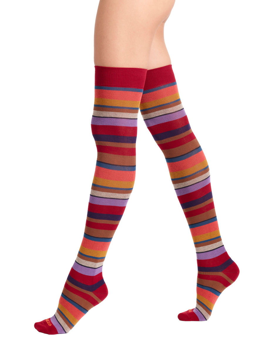 Women's burgundy thigh-high socks with multicoloured stripes - Gallo 1927 - Official Online Shop