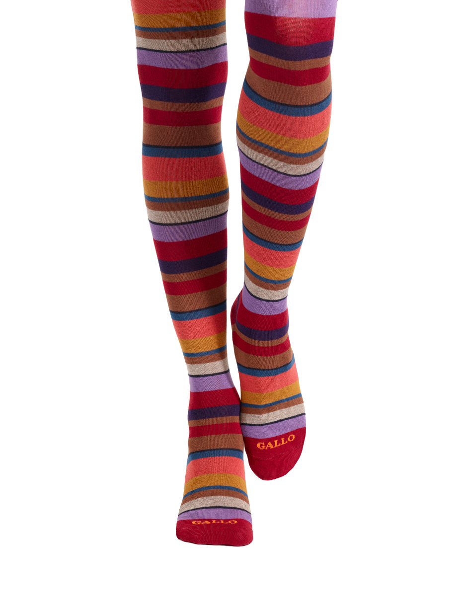 Women's burgundy thigh-high socks with multicoloured stripes - Gallo 1927 - Official Online Shop