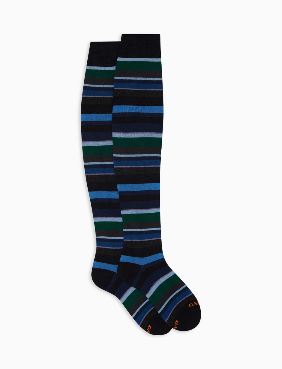 Women's blue thigh-high socks with multicoloured stripes - Gallo 1927 - Official Online Shop