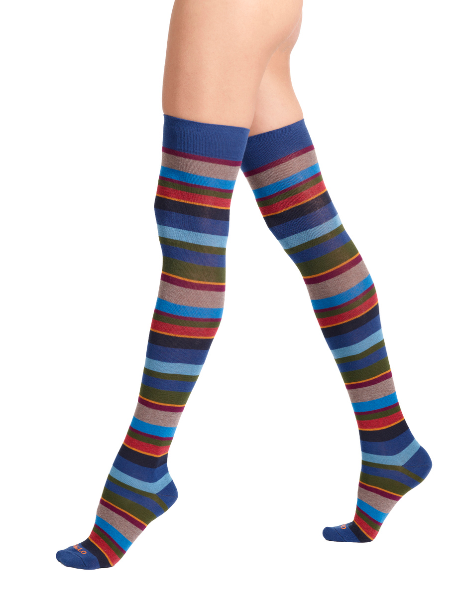 Women's blue thigh-high socks with multicoloured stripes - Gallo 1927 - Official Online Shop