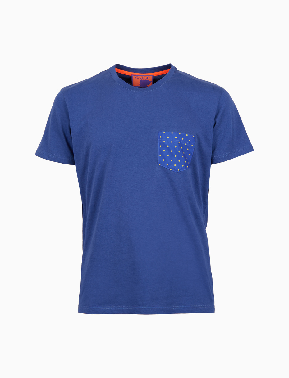 Men's plain blue cotton crew-neck T-shirt with polka dot breast pocket - Gallo 1927 - Official Online Shop