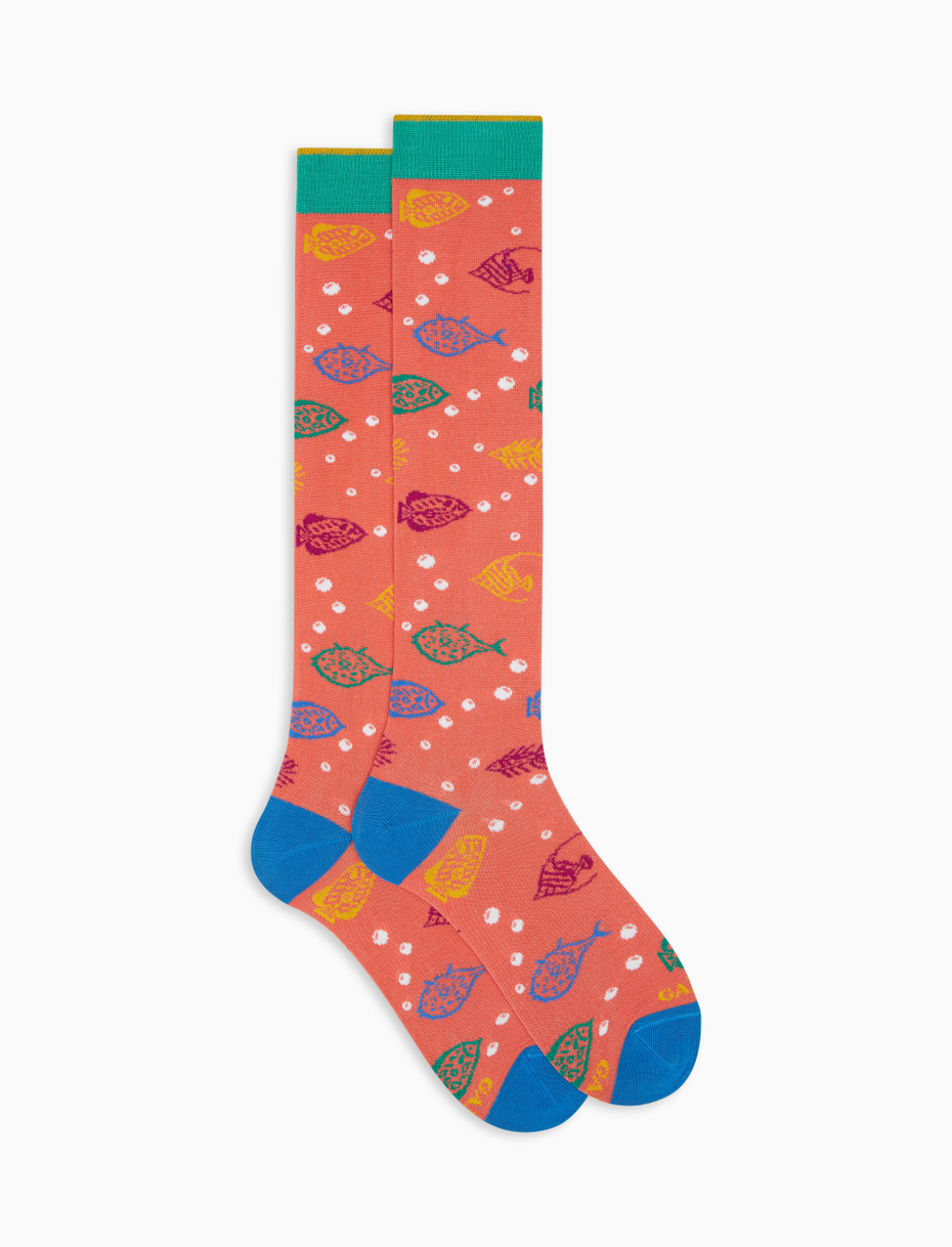 Women's long gerbera lightweight cotton socks with fish motif - Gallo 1927 - Official Online Shop