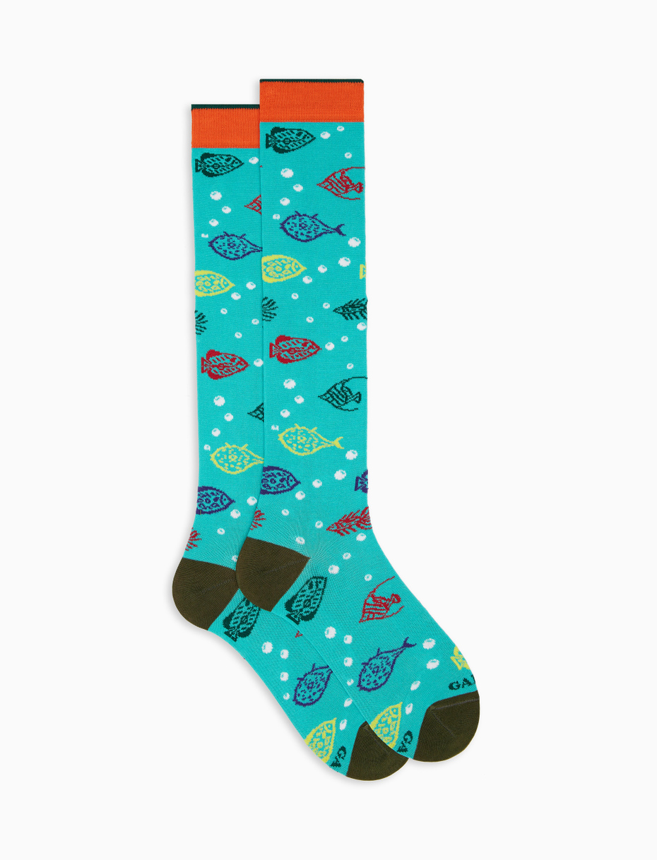 Women's long aquamarine lightweight cotton socks with fish motif - Gallo 1927 - Official Online Shop
