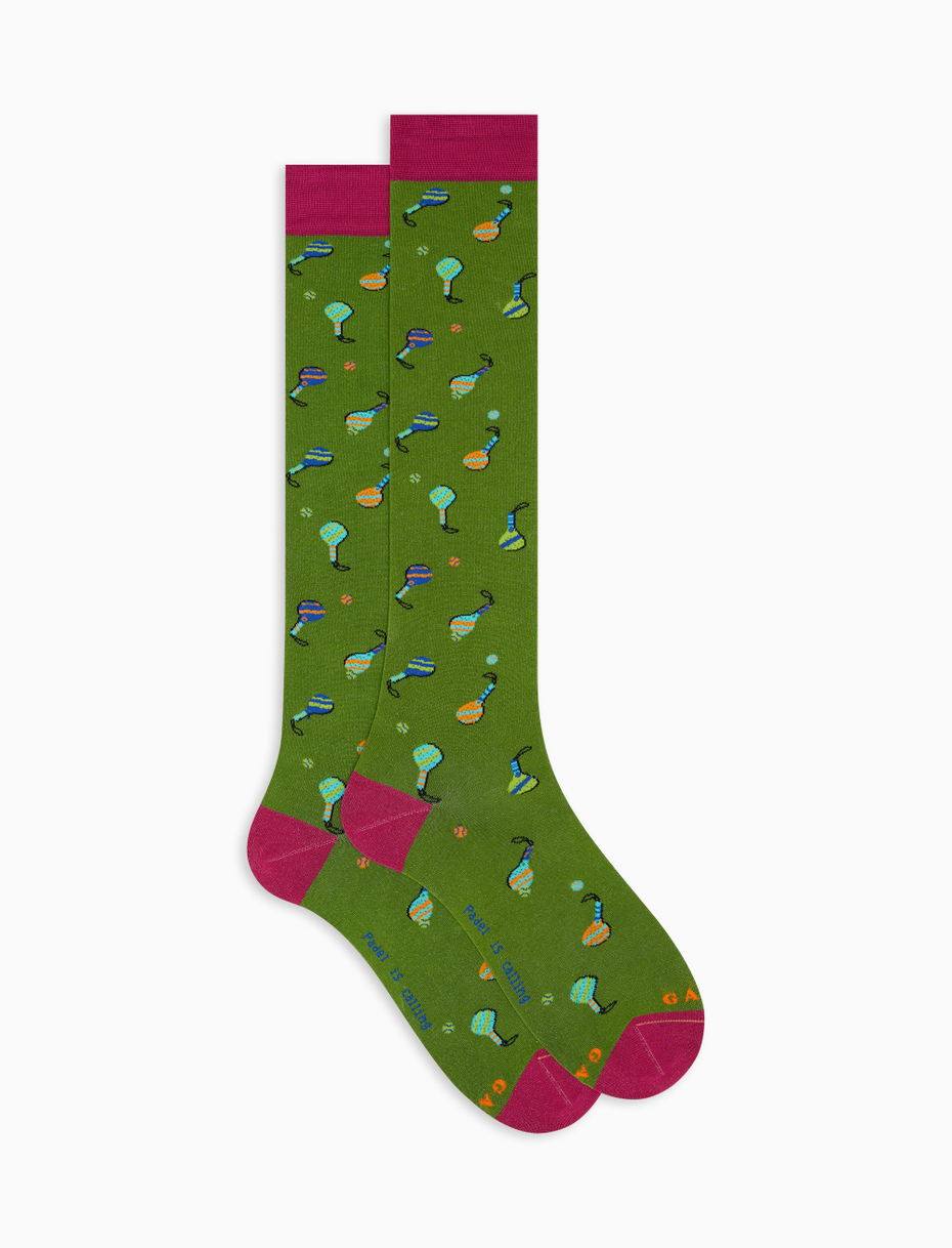 Women's long cactus green ultra-light cotton socks with padel racket motif - Gallo 1927 - Official Online Shop