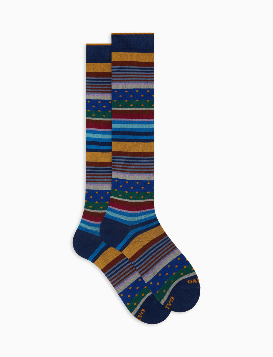 Men's long blue cotton socks with stripe pattern and polka dots - Gallo 1927 - Official Online Shop