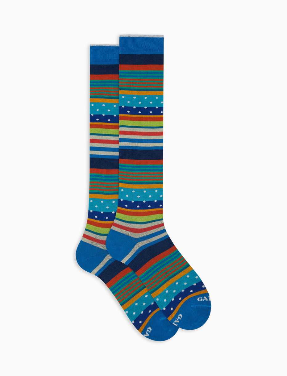 Men's long light blue cotton socks with stripe pattern and polka dots - Gallo 1927 - Official Online Shop