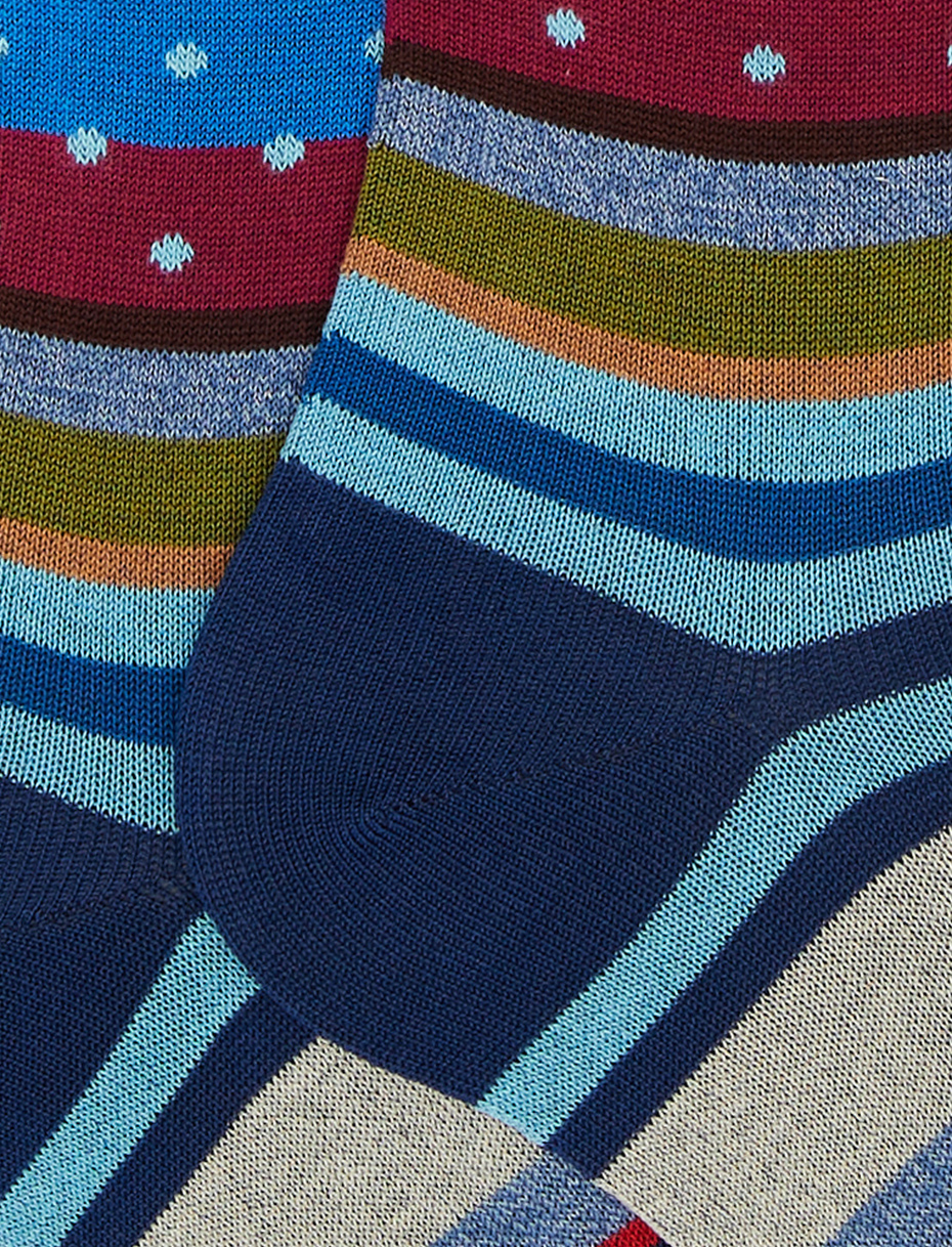 Men's long royal blue cotton socks with stripes and polka dots - Gallo 1927 - Official Online Shop