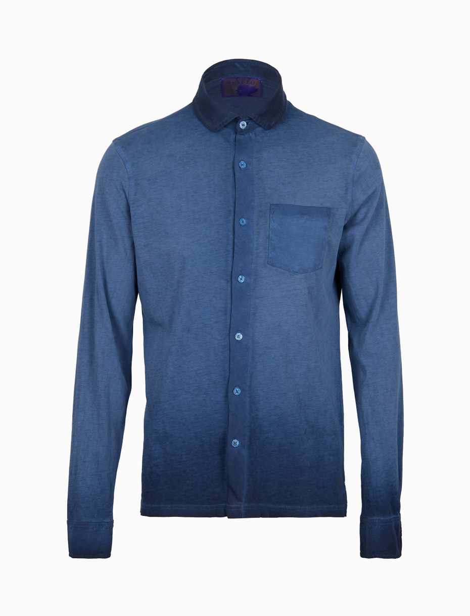 Men's plain dyed denim blue long-sleeved cotton polo shirt - Gallo 1927 - Official Online Shop