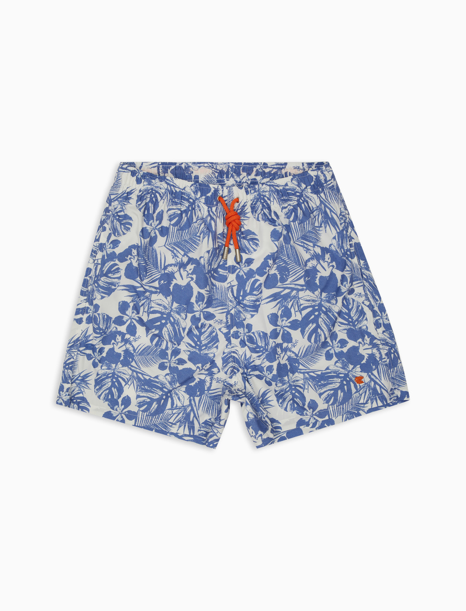 Men's aquarium blue polyester swim shorts with hibiscus and leaf motif - Gallo 1927 - Official Online Shop