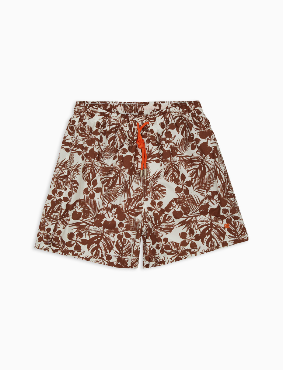Men's tobacco brown polyester swim shorts with hibiscus and leaf motif - Gallo 1927 - Official Online Shop