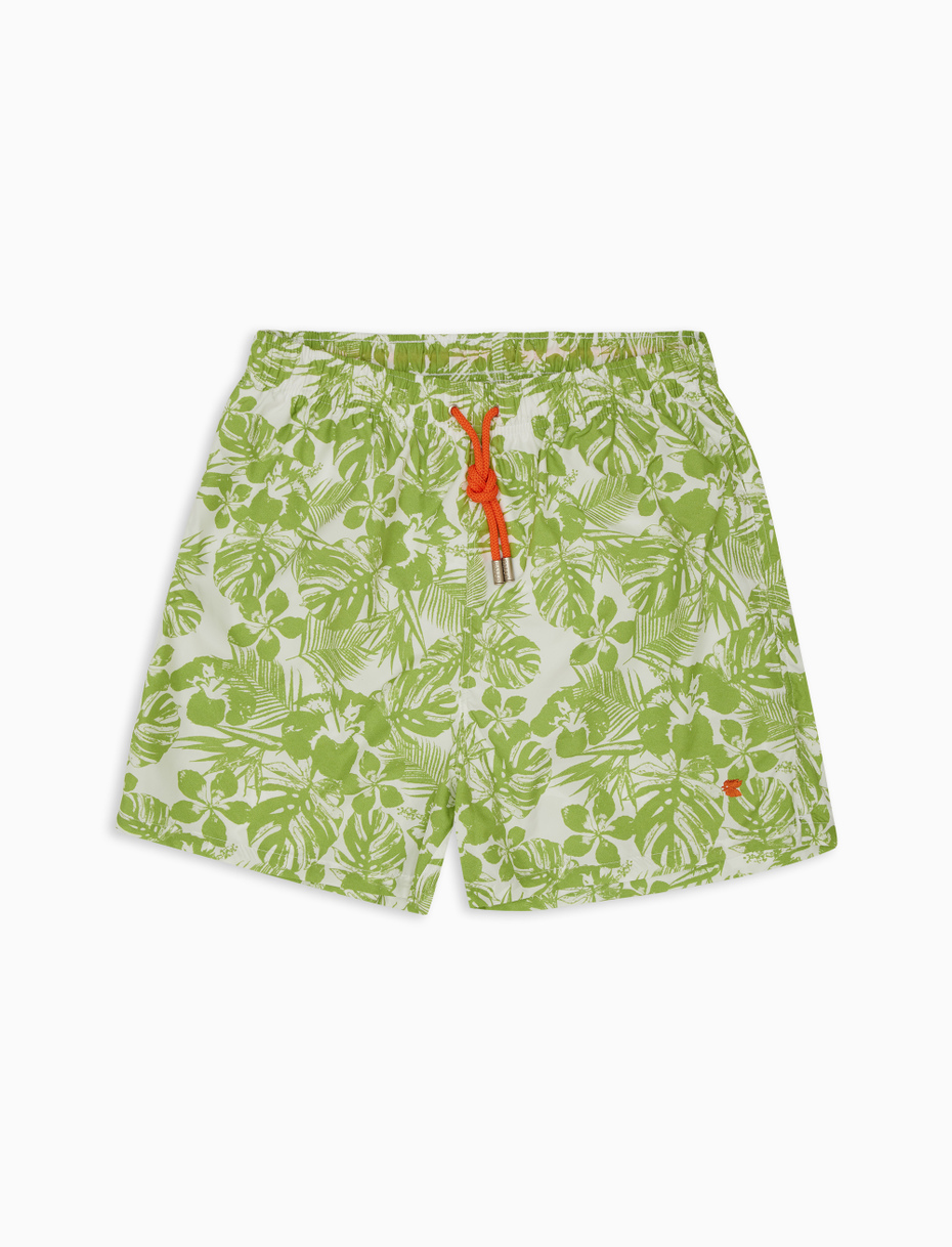Men's green polyester swim shorts with hibiscus and leaf motif - Gallo 1927 - Official Online Shop