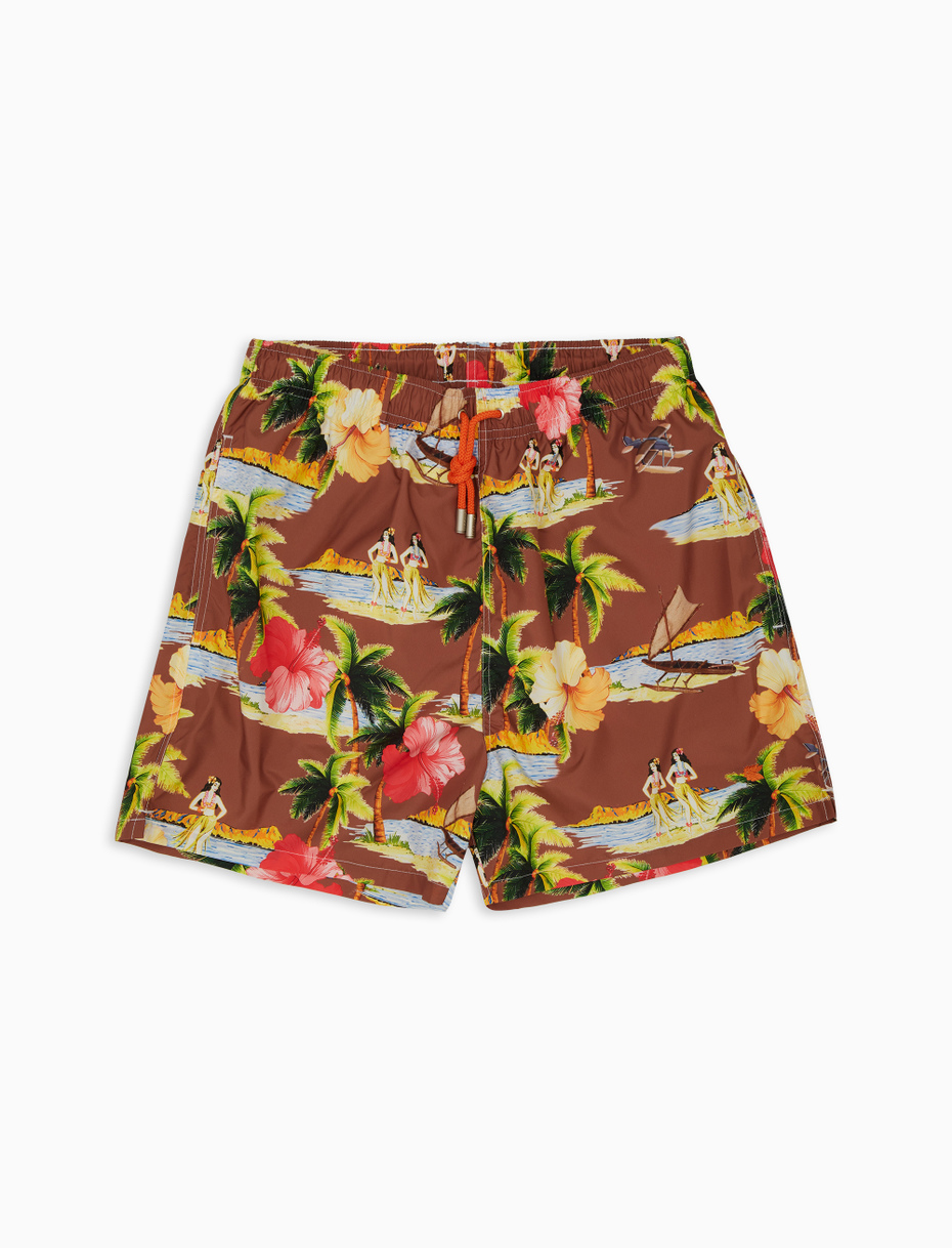 Men s tobacco brown polyester swim shorts with Hawaii motif Gallo