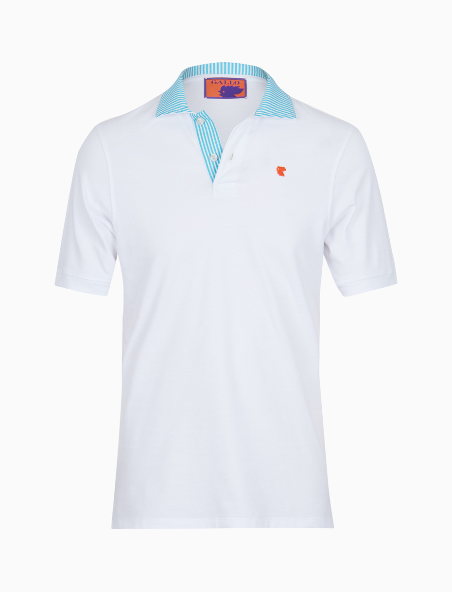 Men's white cotton polo with turquoise seersucker collar - Gallo 1927 - Official Online Shop