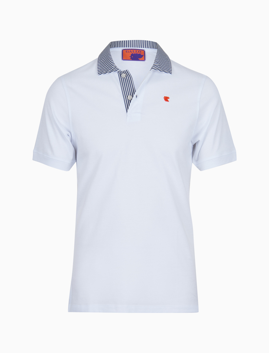 Men's white cotton polo with blue seersucker collar - Gallo 1927 - Official Online Shop