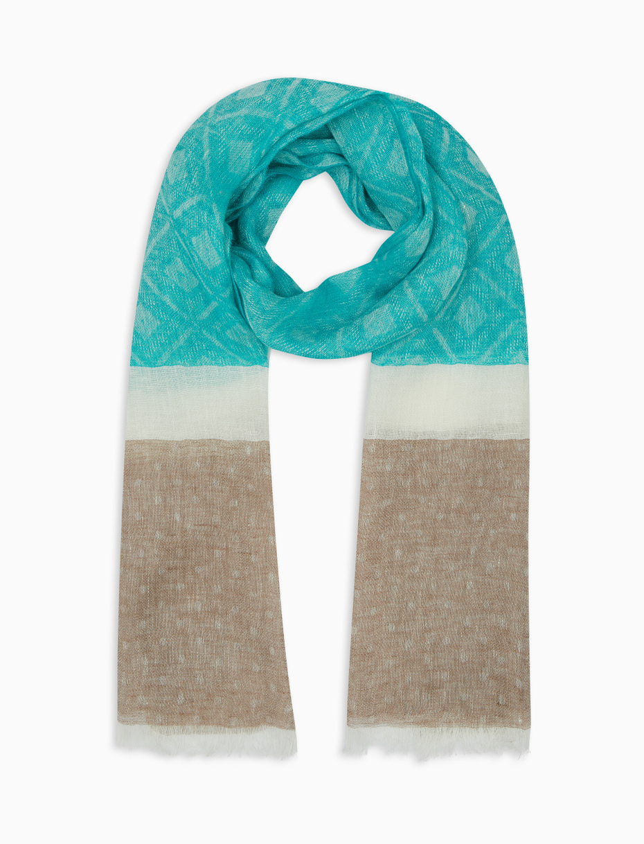Unisex aquamarine linen scarf with batik motif and polka dot edge - Gallo 1927 - Official Online Shop