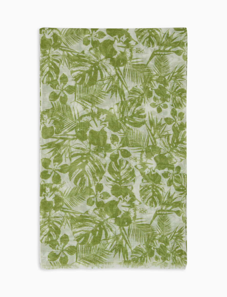 Unisex green cotton, viscose and linen scarf with hibiscus and leaf motif - Gallo 1927 - Official Online Shop
