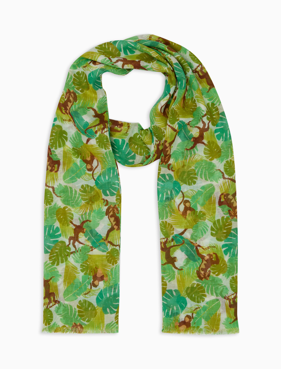 Unisex white cotton, viscose and linen scarf with monkey motif - Gallo 1927 - Official Online Shop