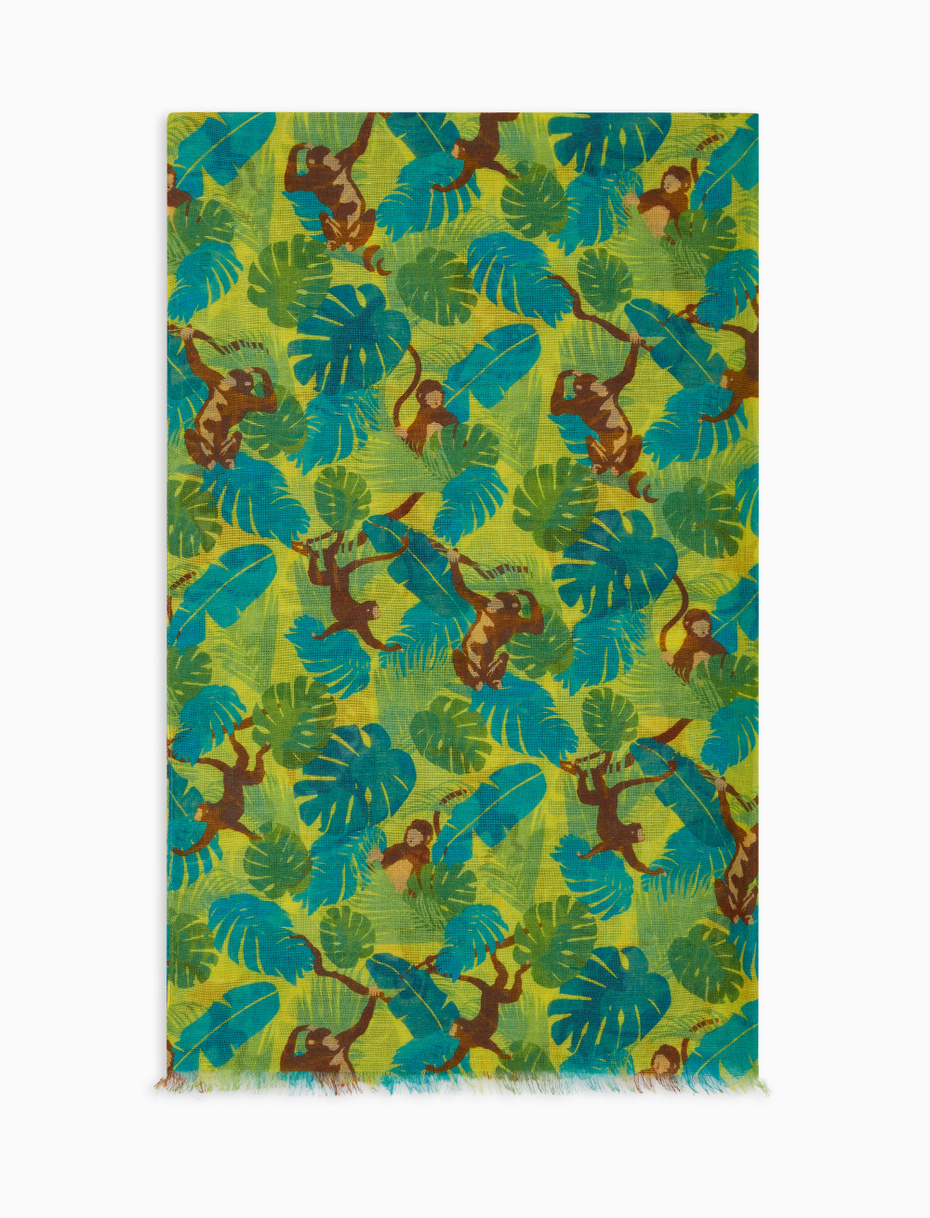 Unisex narcissus yellow cotton, viscose and linen scarf with monkey motif - Gallo 1927 - Official Online Shop