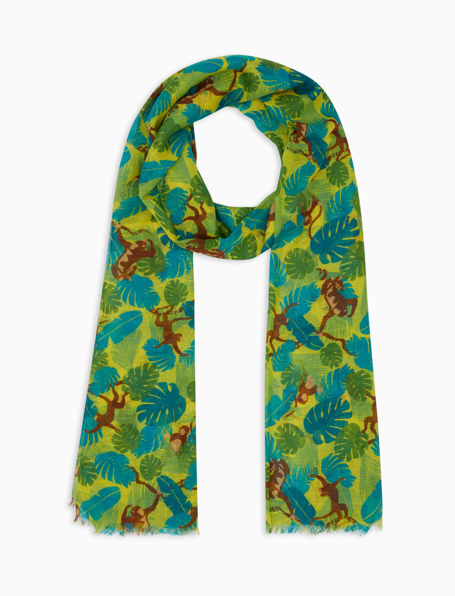 Unisex narcissus yellow cotton, viscose and linen scarf with monkey motif - Gallo 1927 - Official Online Shop