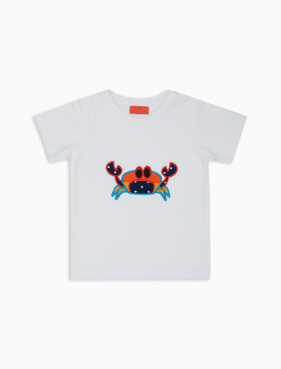 Kids' plain white cotton T-shirt with embroidered crab - Gallo 1927 - Official Online Shop