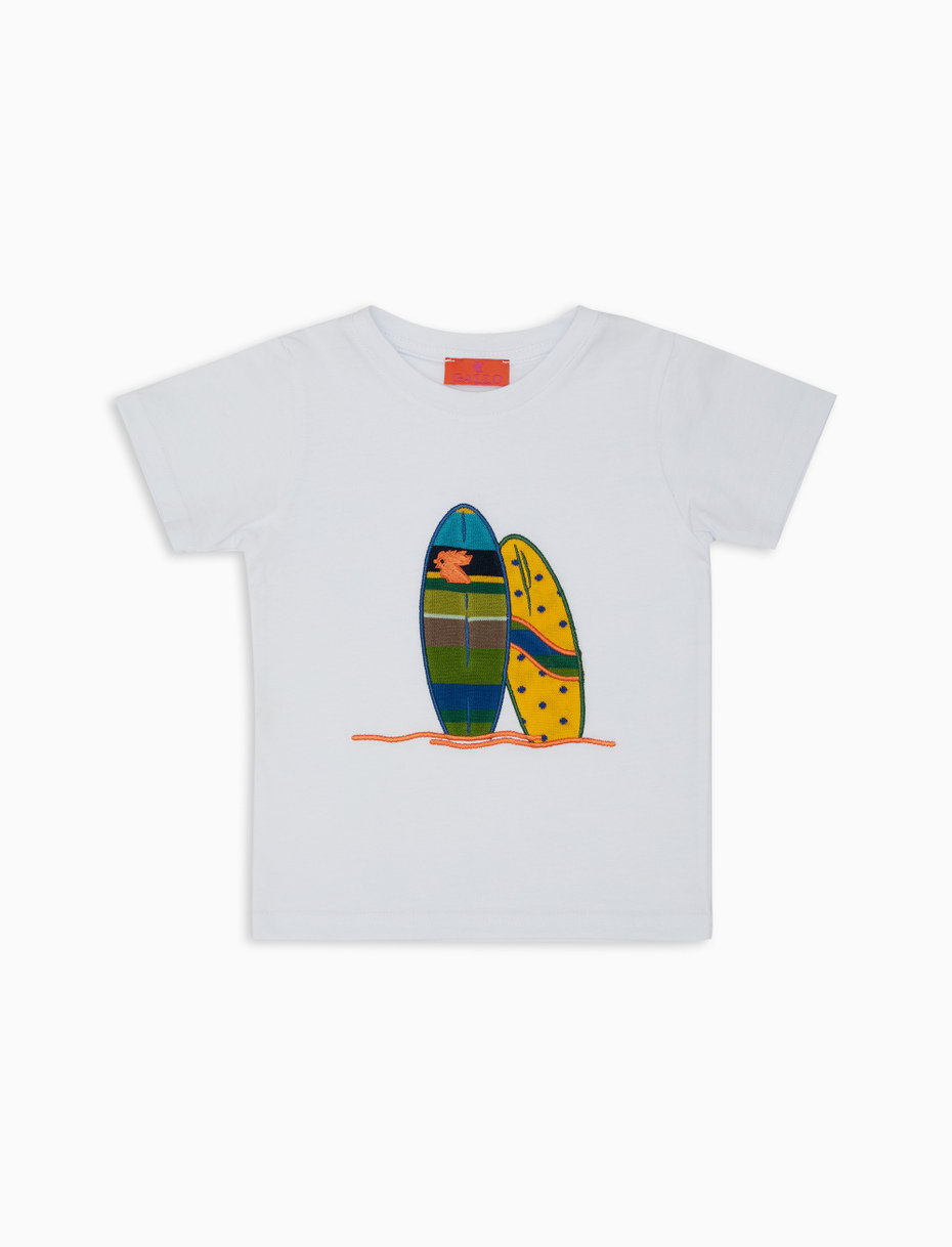 Kids' plain white cotton T-shirt with embroidered surfer - Gallo 1927 - Official Online Shop