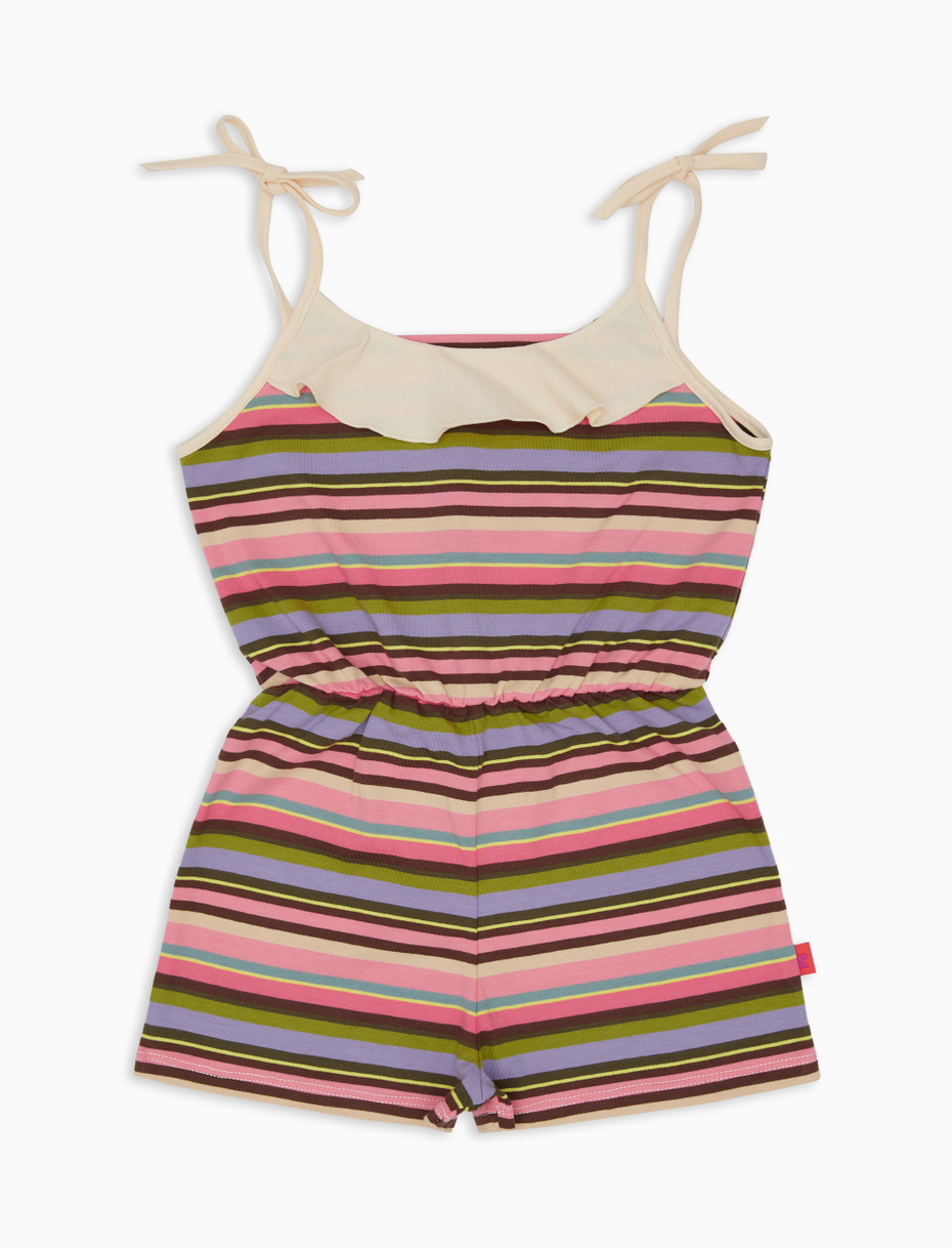 Girls' geranium cotton playsuit with multicoloured stripes - Gallo 1927 - Official Online Shop