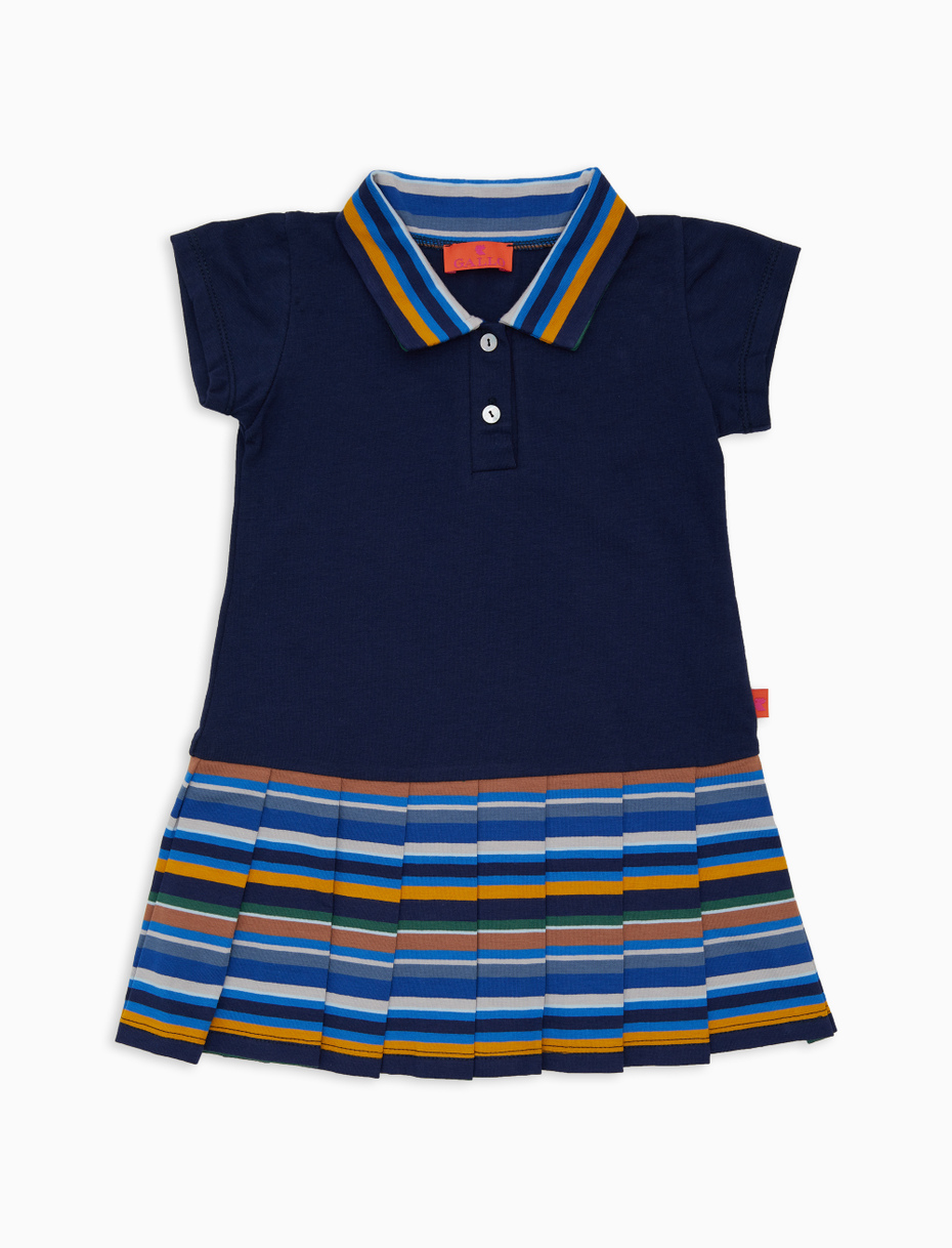 Girls' plain blue cotton polo dress with multicoloured skirt and collar - Gallo 1927 - Official Online Shop