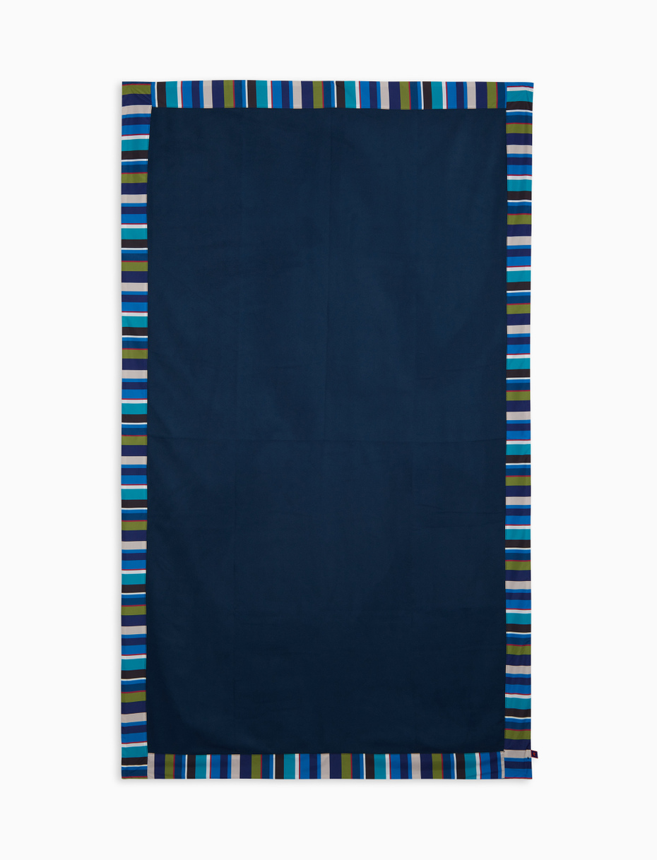 Unisex plain blue beach towel with multicoloured striped edge - Gallo 1927 - Official Online Shop