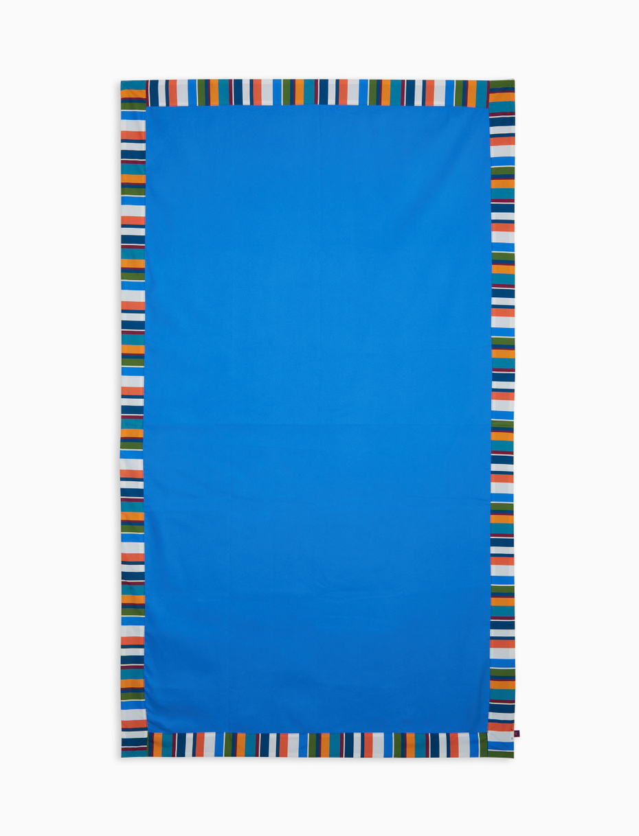 Unisex plain light blue beach towel with multicoloured striped edge - Gallo 1927 - Official Online Shop