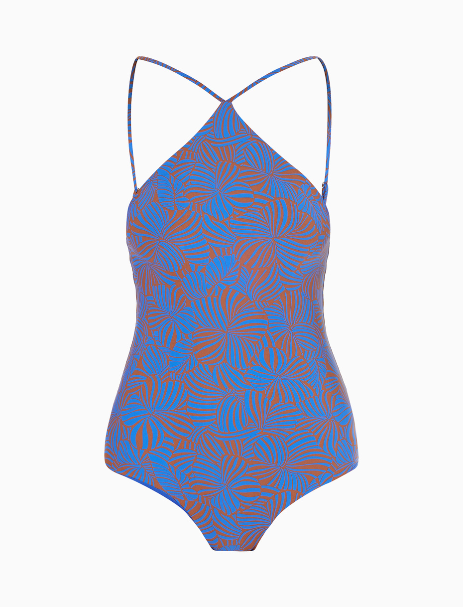 Women's carbon paper blue halterneck one-piece polyester swimsuit with large floral pattern - Gallo 1927 - Official Online Shop
