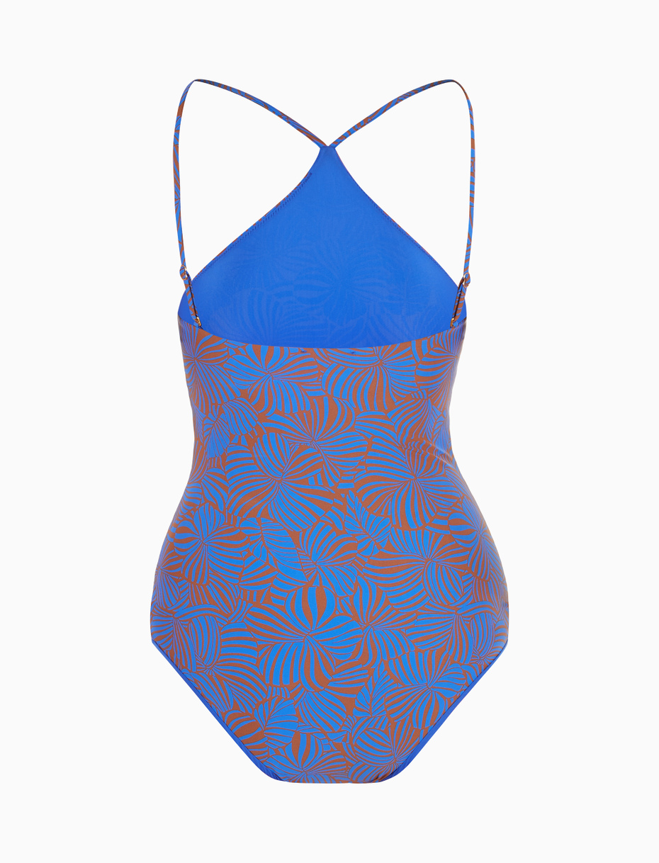 Women's carbon paper blue halterneck one-piece polyester swimsuit with large floral pattern - Gallo 1927 - Official Online Shop