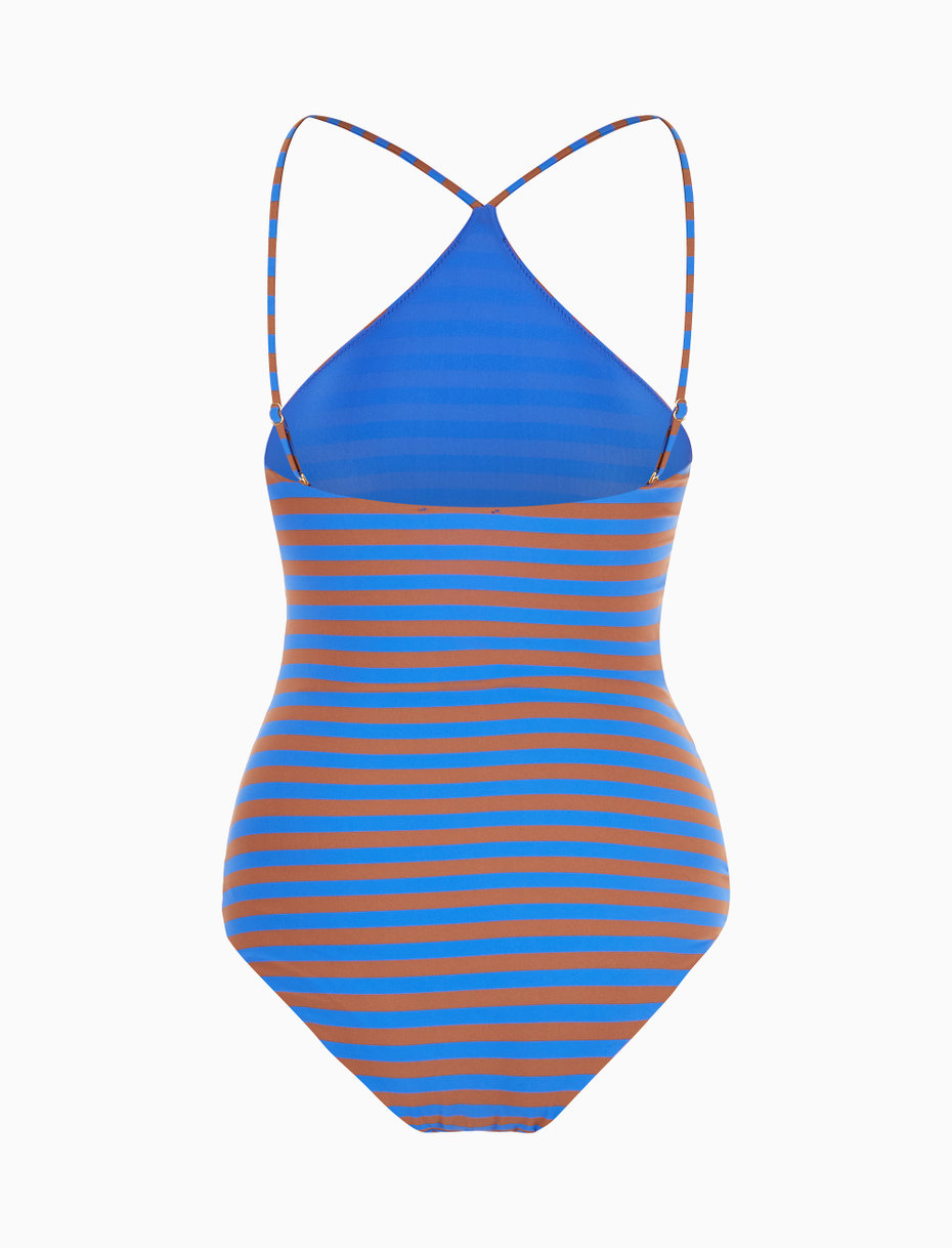 Women's carbon paper blue halterneck one-piece polyester swimsuit with two-tone stripes - Gallo 1927 - Official Online Shop