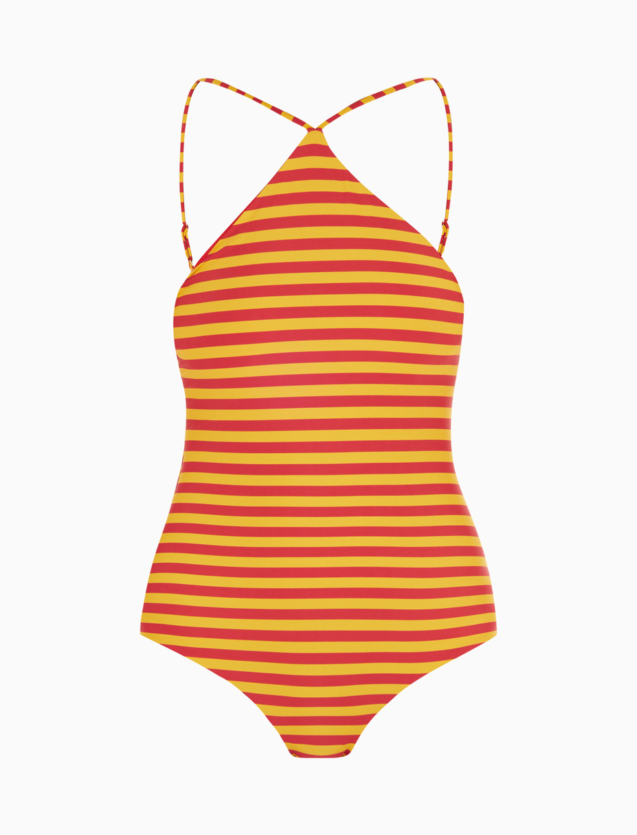 Women's narcissus yellow halterneck one-piece polyester swimsuit with two-tone stripes - Gallo 1927 - Official Online Shop