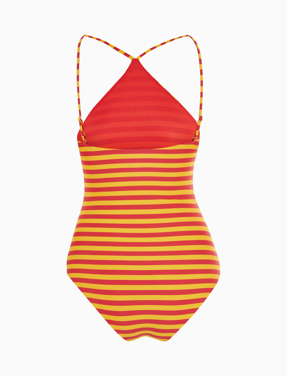 Women's narcissus yellow halterneck one-piece polyester swimsuit with two-tone stripes - Gallo 1927 - Official Online Shop