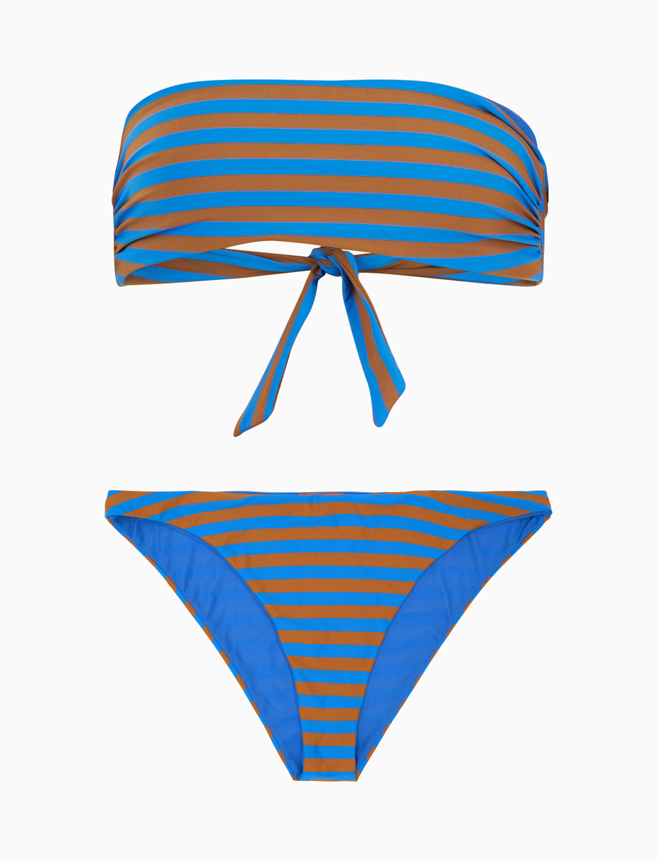 Women's carbon paper blue polyester bandeau bikini top with two-tone stripes - Gallo 1927 - Official Online Shop