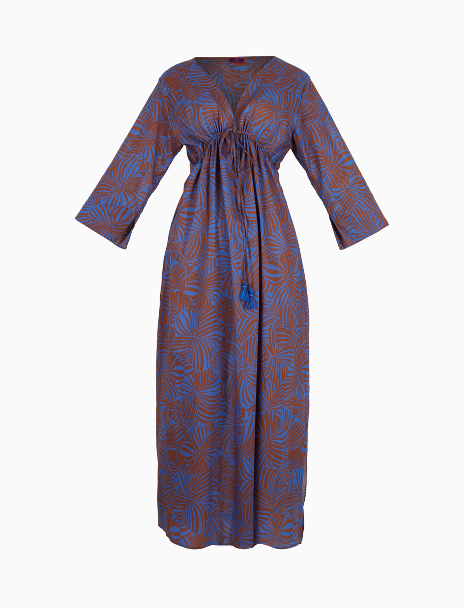 Women's long carbon paper blue cotton kaftan with large floral pattern - Gallo 1927 - Official Online Shop