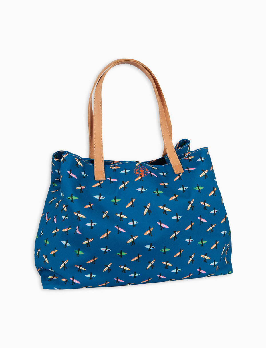 Women's Danube blue polyester beach bag with surfer motif and leather handles - Gallo 1927 - Official Online Shop