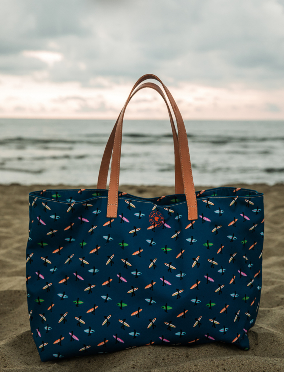 Women's Danube blue polyester beach bag with surfer motif and leather handles - Gallo 1927 - Official Online Shop