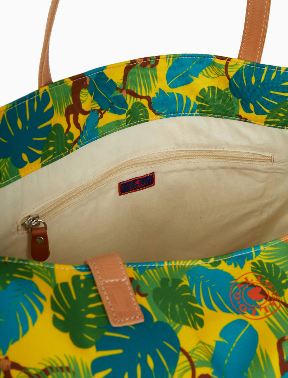 Women's narcissus yellow polyester beach bag with monkey motif and leather handles - Gallo 1927 - Official Online Shop