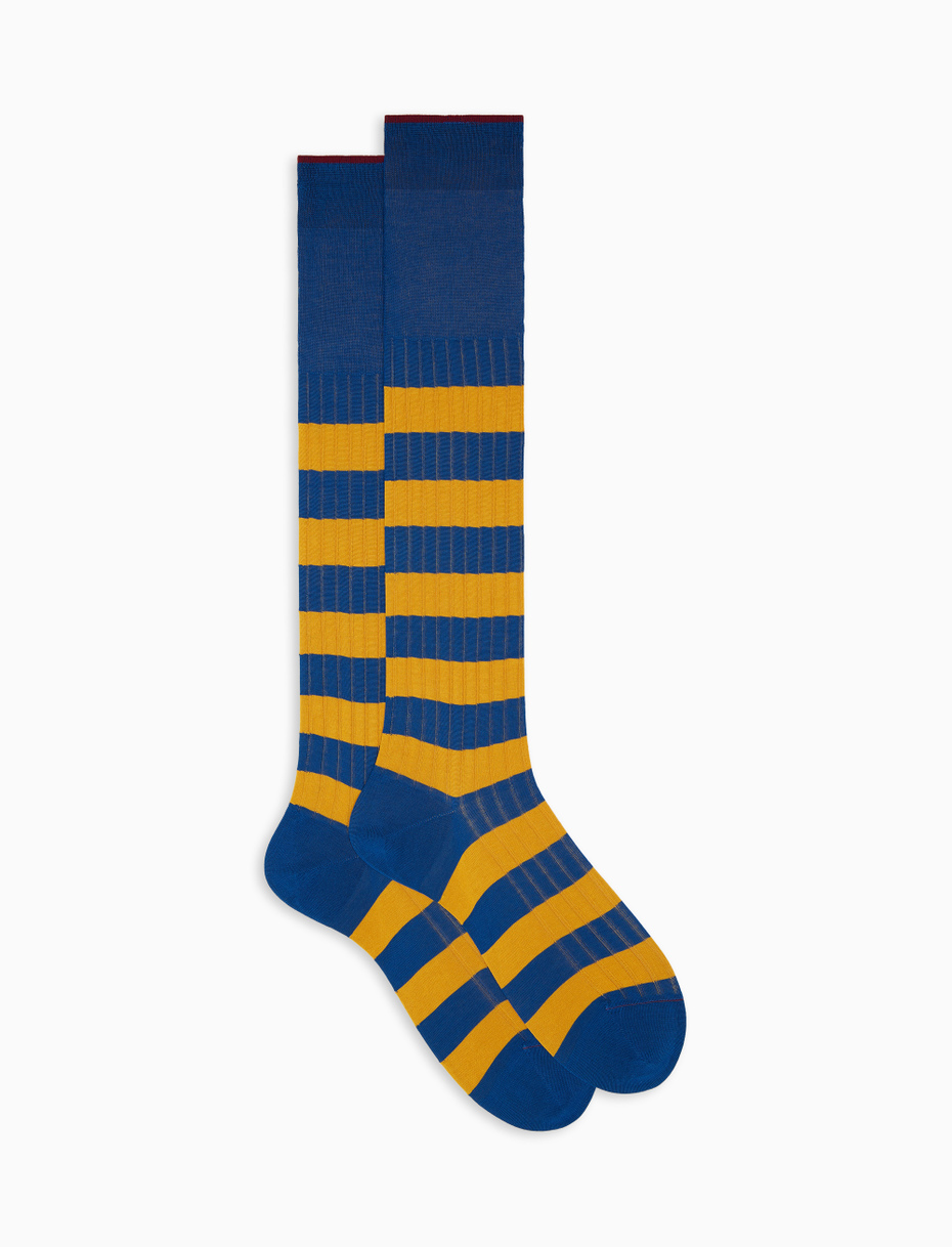 Men's long cosmo blue ribbed cotton socks with two-tone stripes - Gallo 1927 - Official Online Shop