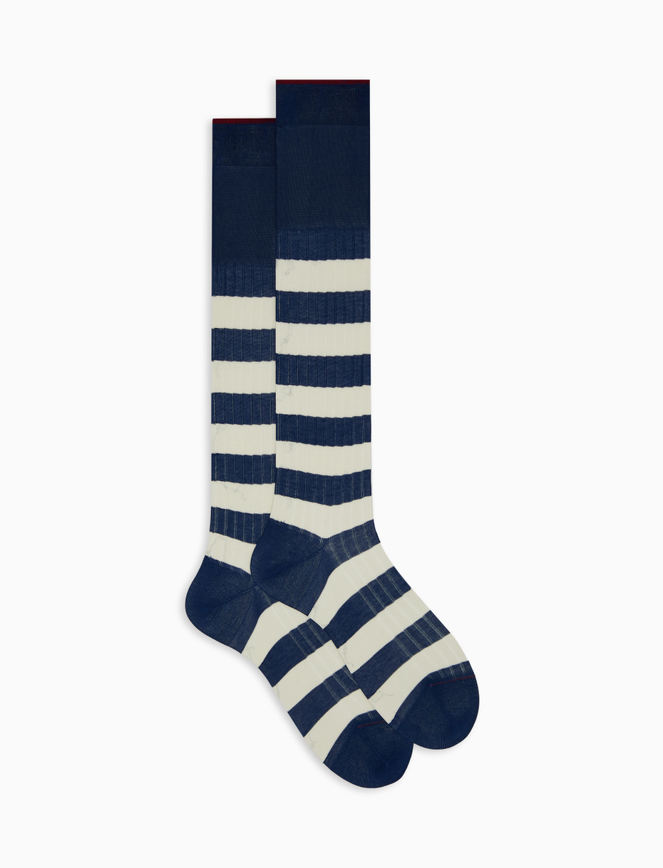 Men's long blue ribbed cotton socks with two-tone stripe pattern - Gallo 1927 - Official Online Shop