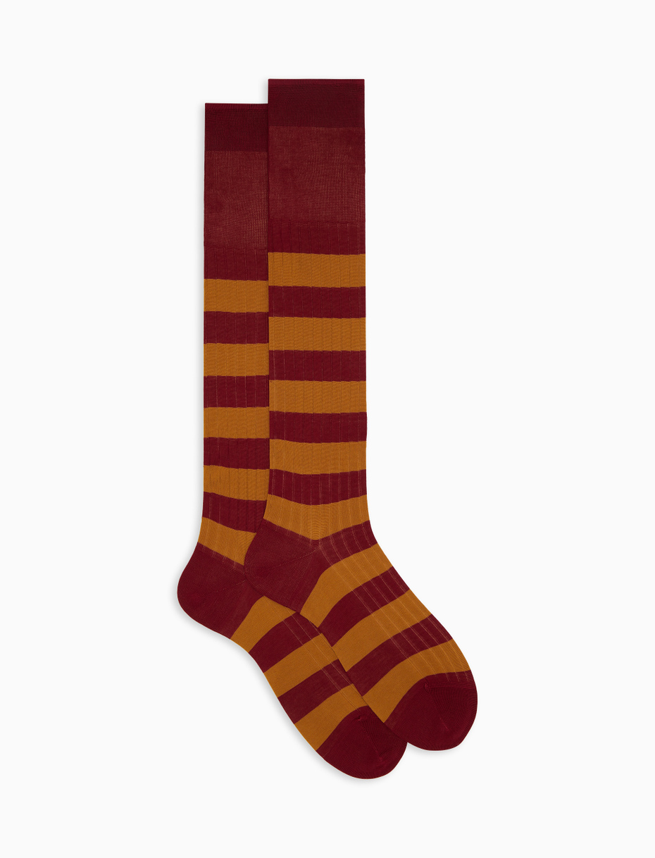 Men's long burgundy ribbed cotton socks with two-tone stripes - Gallo 1927 - Official Online Shop